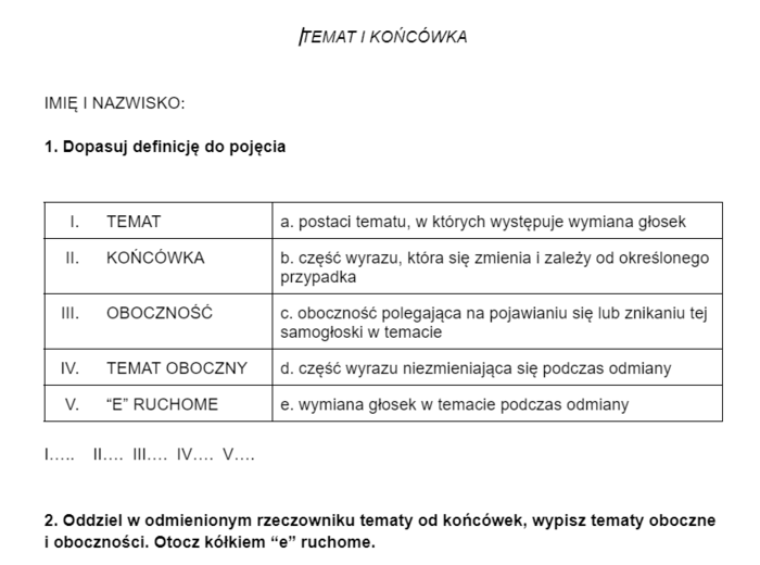 Temat i końcówka - kartkówka/karta pracy