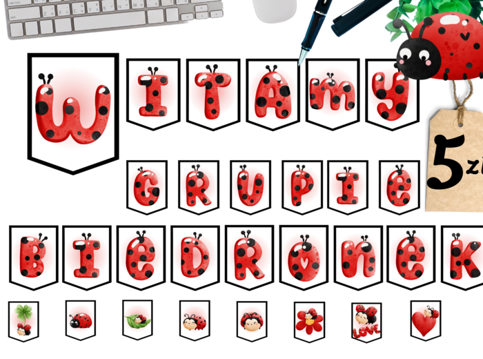 Witamy w grupie Biedronki - napis, girlanda - litera A4 + 8 obrazków