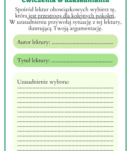 Ćwiczymy argumentowanie i utrwalamy treść lektur- karty z zadaniami na klasowym kursie redagowania wypowiedzi argumentacyjnej. Level 5