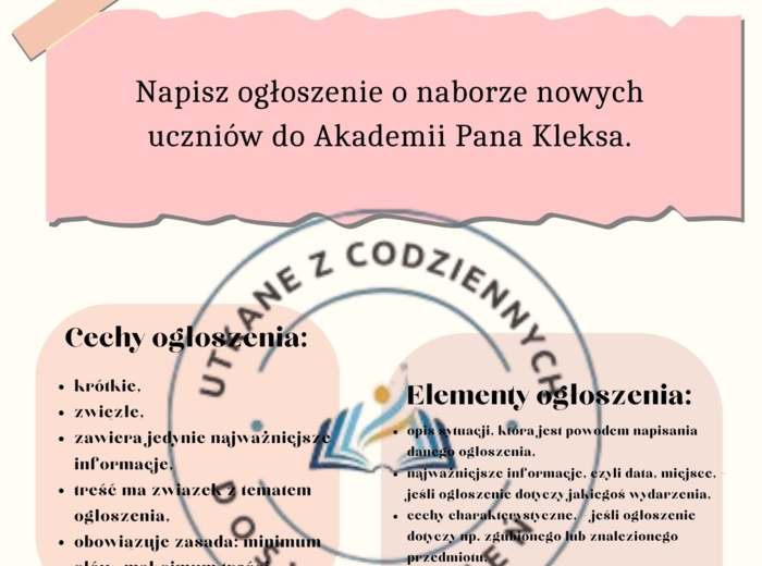 Ćwiczenia w redagowaniu ogłoszeń związanych z lekturami- zestaw 50 kart graficznych