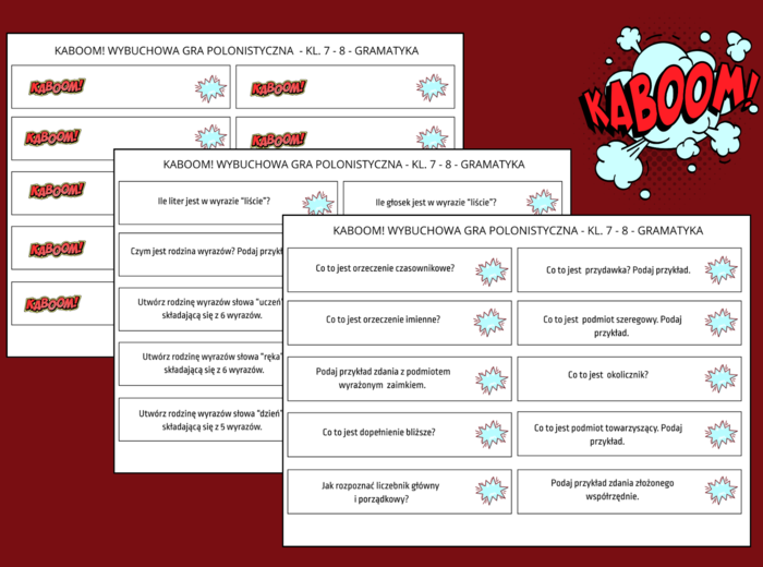 KABOOM! - Wybuchowa Gra Polonistyczna - kl. 7 - 8 - GRAMATYKA - nauka o języku - 110 pytań