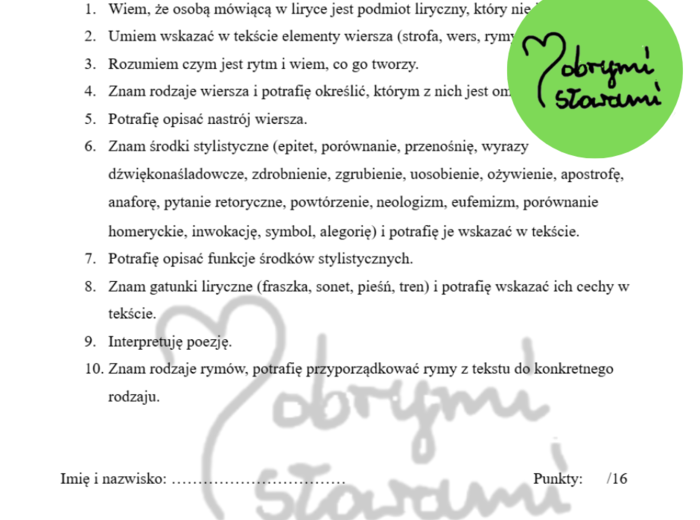 Kryteria sukcesu i sprawdzian z liryki