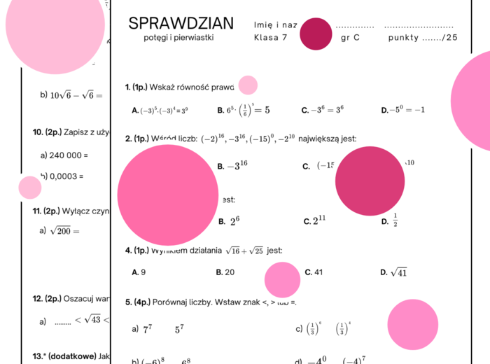 Sprawdzian. Potęgi i pierwiastki. Klasa 7. GWO