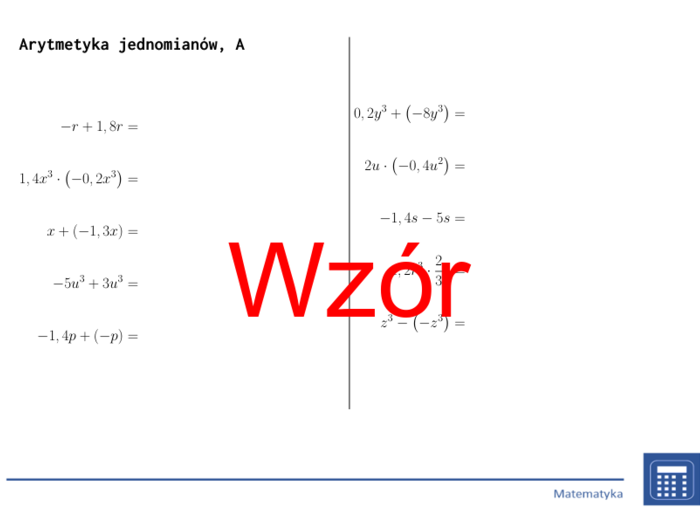 Arytmetyka jednomianów | matematyka, algebra | 26 kolumn