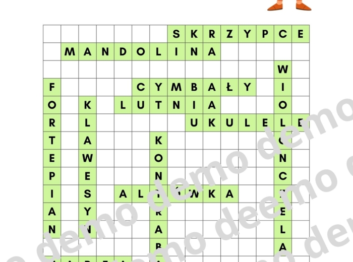 Muzyka, klasa 4-5. Instrumenty strunowe.  Karta pracy: wykreślanka.