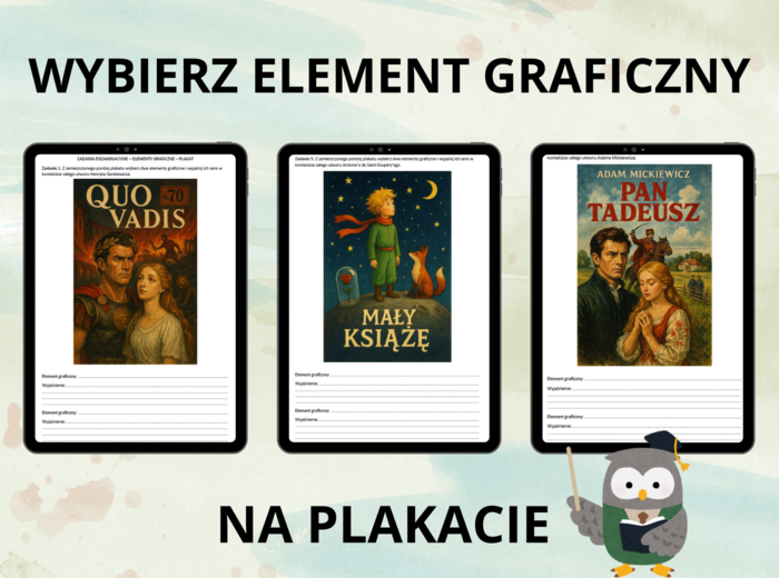 Plakaty - zadania egzaminacyjne - interpretacja graficzna lektur obowiązkowych - E8 - egzamin ósmoklasisty