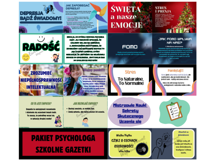 PAKIET PSYCHOLOGA SZKOLNE GAZETKI - a w nim: 9 gazetek na popularne okołopsychologiczne tematy oraz 3 plakaty wspierające do Twojego gabinetu!