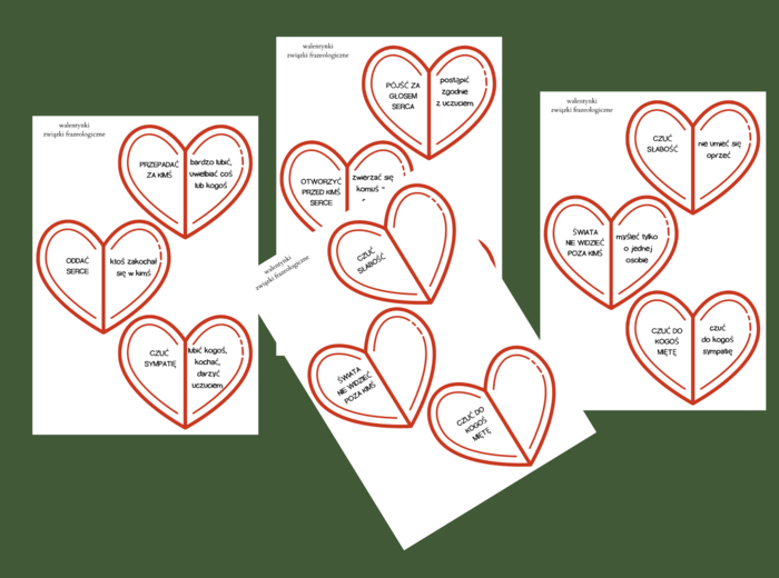 WALENTYNKI – ZWIĄZKI FRAZEOLOGICZNE ze słowem „MIŁOŚĆ”- fiszki – 36 szt. kl. 4-8 – egzamin – powtórzenie- ćwiczenia – frazeologizmy