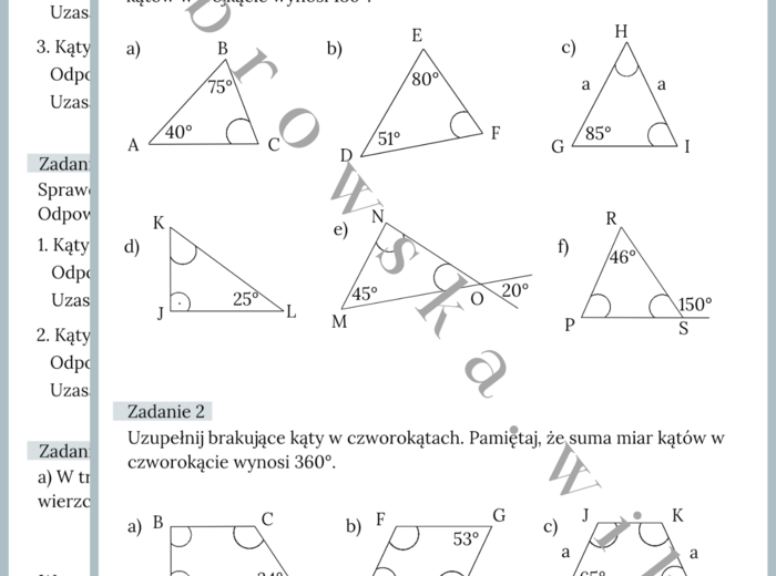 Miary kątów w trójkątach i czworokątach - karta pracy