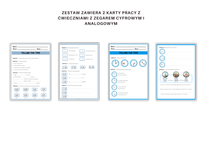 Telling the time - godziny po angielsku, podawanie czasu, karty pracy, ćwiczenia, zegar analogowy i cyfrowy, pełen zakres minutowy, czas na świecie, CLIL, liczby 1-30