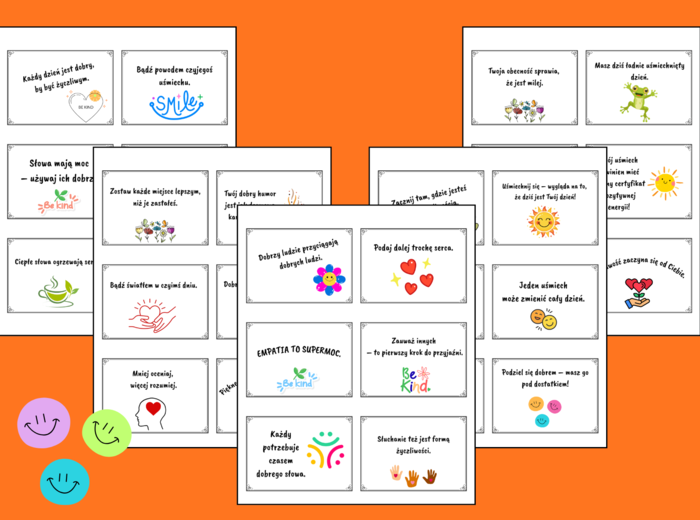 ⭐Dzień Życzliwości i Pozdrowień - Dzień Uśmiechu - Kącik Dobrego Słowa – pudełko pełne życzliwości - – zajęcia z wychowawcą – biblioteka – fiszki