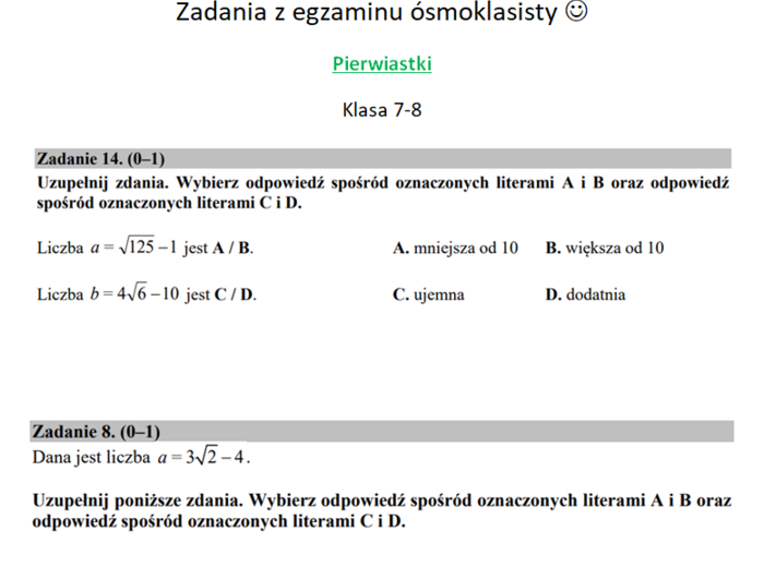 Pierwiastki na egzaminie ósmoklasisty klasa 7-8 :-)