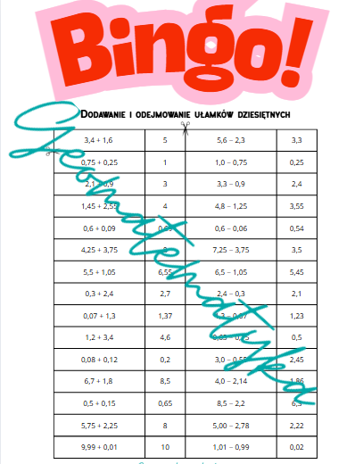 Bingo "Dodawanie i odejmowanie ułamków dziesiętnych"