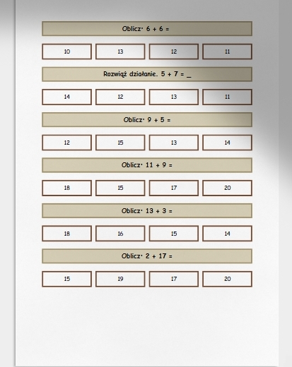 Dodawanie w zakresie do 20. Karta pracy. Sprawdzian