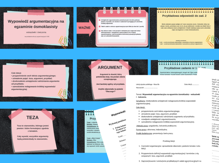 KRÓTKA WYPOWIEDŹ ARGUMENTACYJNA – prezentacja + karta pracy + scenariusz lekcji - lektury - kl.7-8 - egzamin