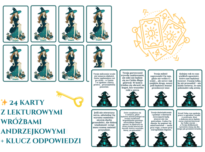 Lekturowe wróżby andrzejkowe - 24 karty + klucz odpowiedzi