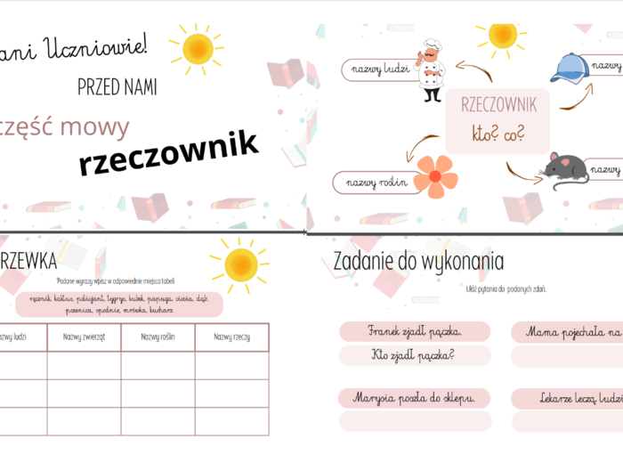 RZECZOWNIK - prezentacja, ćwiczenia, tablice demonstracyjne, karty pracy
