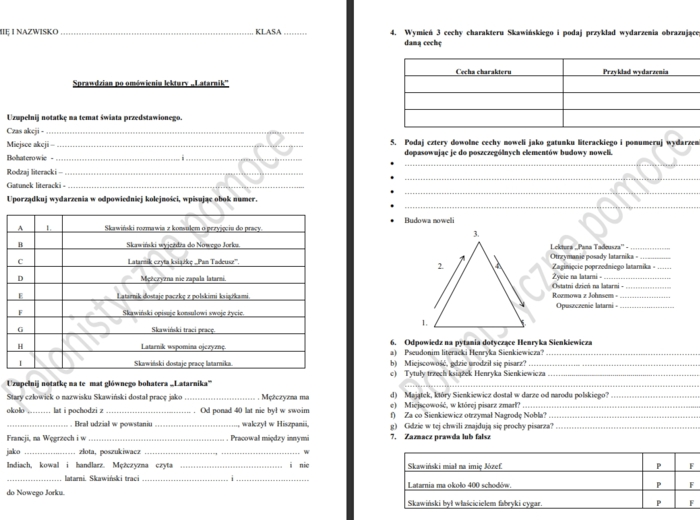 Sprawdzian po omówieniu lektury Latarnik
