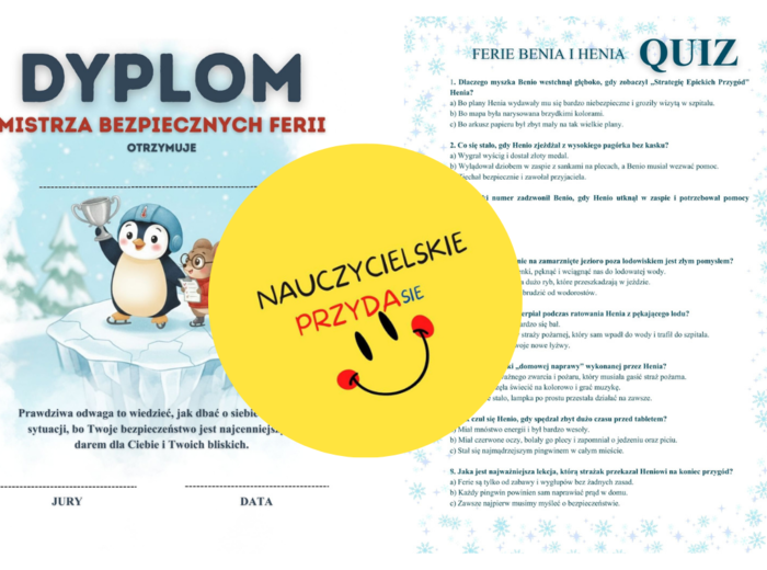 Bezpieczne ferie zimowe: gazetka, opowiadanie, ulotki dla rodziców, quiz dla dzieci, kolorowanka, książeczka, kolorowanka XXL, przedszkole i szkoła