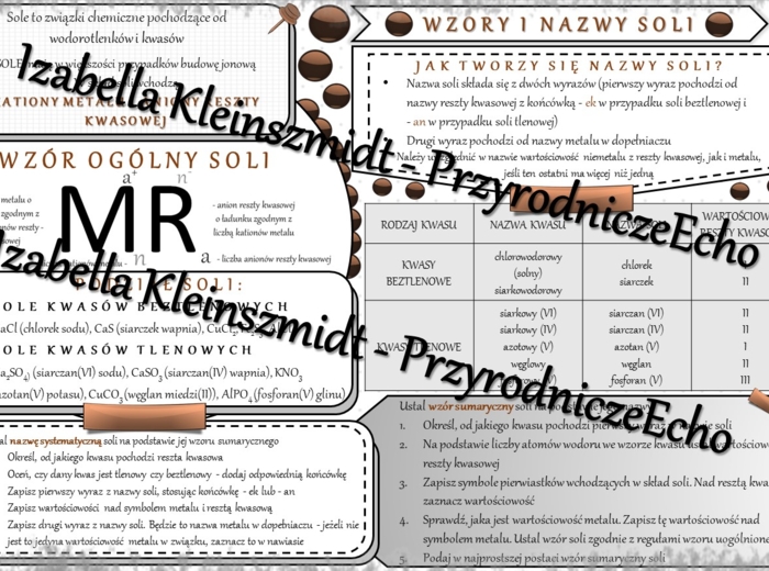 Sketchnotka - notatka „Wzory i nazwy soli” wykonana w power point do edycji. Chemia 8, „Sole”