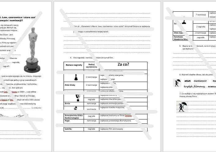 Dlaczego film pt. Opowieści z Narnii. Lew, czarownica i stara szafa zdobył tyle nagród filmowych i nominacji? . Scenariusz lekcji, karta pracy
