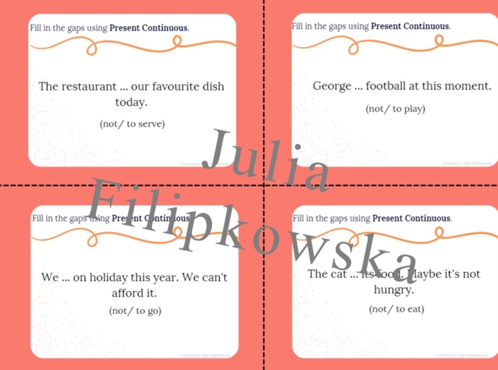 Present Continuous/ Karty do mówienia/ Mówienie/ Speaking/ Konwersacje/ Klasy 4-8/ Klasy 4-6/ Klasy 6-8/ SP/ Warm-up/ Rozgrzewka/ Speaking cards/ Gramatyka/ Grammar/ Speaking cards grammar/ Grammar cards/ E8