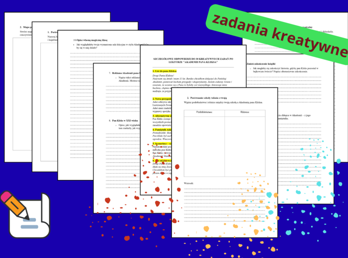 "AKADEMIA PANA KLEKSA" - 30 kreatywnych zadań po omówieniu lektury - karty pracy + odpowiedzi
