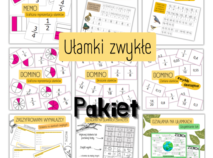 PAKIET - ułamki zwykłe - 9 materiałów