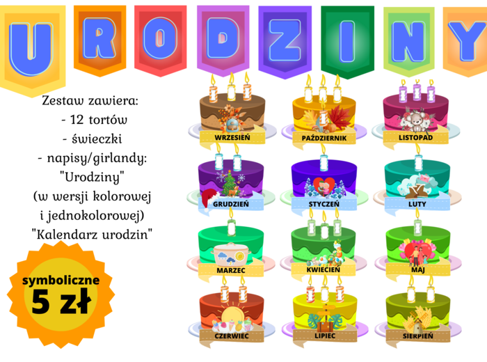 Kalendarz Urodzin - 12 tortów, świeczki - uniwersalny i ponadczasowy pakiet.
