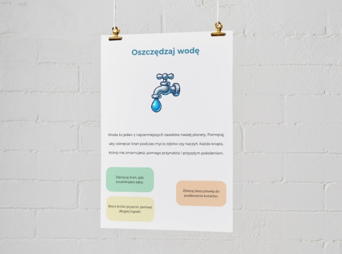 Plakaty informacyjne. Oszczędzaj wodę. Oszczędzaj energię. Recyklinuj.