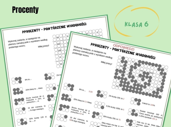 Procenty, powtórzenie wiadomości, klasa 6, karta pracy, kodowanie, Dzień Kropki