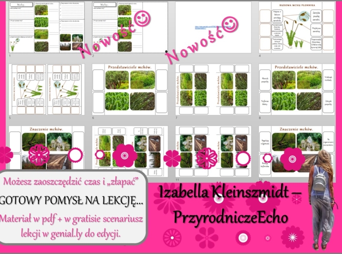 Pomysł na lekcję/karta pracy/stacje zadaniowe/materiał do lekcji do tematu „Mchy” w pdf. W gratisie niekomercyjny scenariusz lekcji/pomysł na lekcję w programie genial.ly do edycji. Biologia 5. Dział „Różnorodność roślin”.
