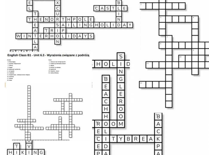English Class B1 – Unit 6 – krzyżówki – Wyjazdy wakacyjne_W hotelu_Wyposażenie/Out of class/Wyrażenia związane z podróżą/Podróżowanie, często mylone słowa/6.4