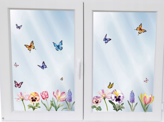 Dekoracja wiosenna na okno - Kwiaty i motyle - dwustronna