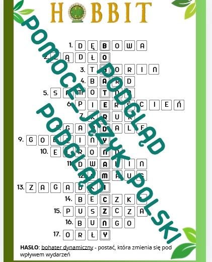 Hobbit - krzyżówka + odwrócona krzyżówka + klucz odpowiedzi