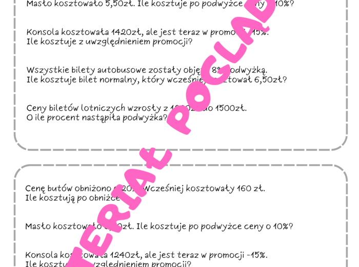 Szybkie karteczki - karty pracy z procentów. Klasa 6. Klasa 7. Klasa 8