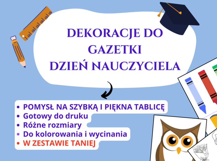 🎉 Dekoracje do gazetki – Dzień Nauczyciela, szkoła podstawowa, klasy 1–8, gazetka, dekoracje, wycinanie, kolorowanie, tablica, świetlica, godzina wychowawcza