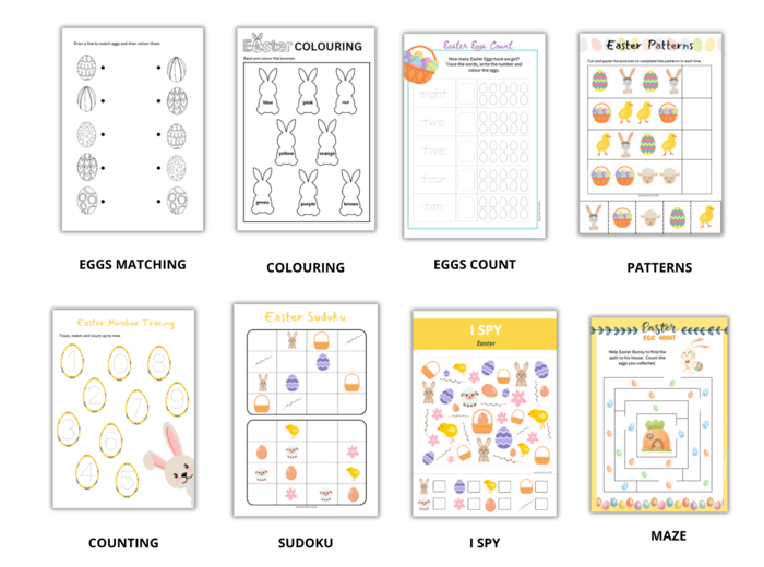 Easter For Preschoolers - Wielkanoc dla przedszkolaka - zestaw kart pracy do nauki języka angielskiego dla przedszkolaków i uczniów zerówki przedszkolnej, 8 różnych zadań, łączenie, liczenie, sudoku, labiryt, I spy, karty obrazkowe
