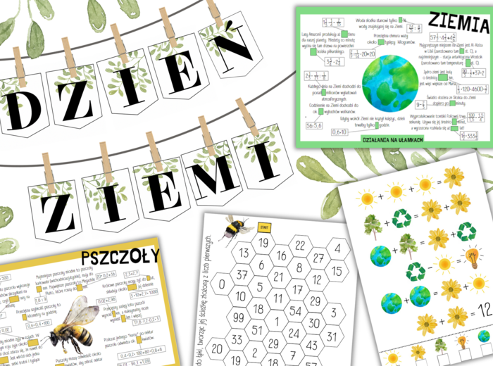 Pakiet materiałów - DZIEŃ ZIEMI (ułamki zwykle/ ułamki dziesiętne/ zagadki/ łamigłówki/ liczby pierwsze i złożone/ napis )