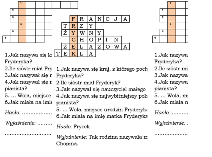 Logogryf dla klasy 4 na podsumowanie lekcji o dzieciństwie Fryderyka Chopina