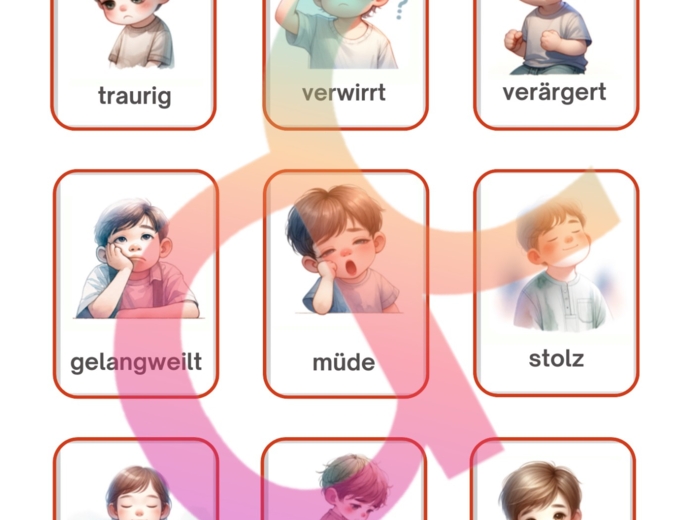 Niemiecki - Gefühle - 2 układy kart obrazkowych, Bingo, Zestaw ćwiczeń z zakresu Uczuć