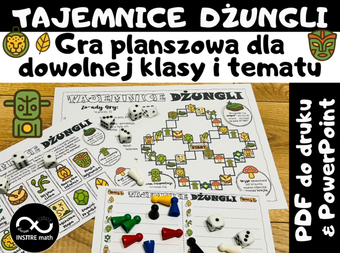 Gra planszowa Tajemnice Dżungli dla dowolnej klasy i tematu. Gra matematyczna lub z dowolnego przedmiotu. Dzień Gier Planszowych, planszówka, gra powtórzeniowa. + 2 wersje 20 zadań (ułamki i działania pisemne)