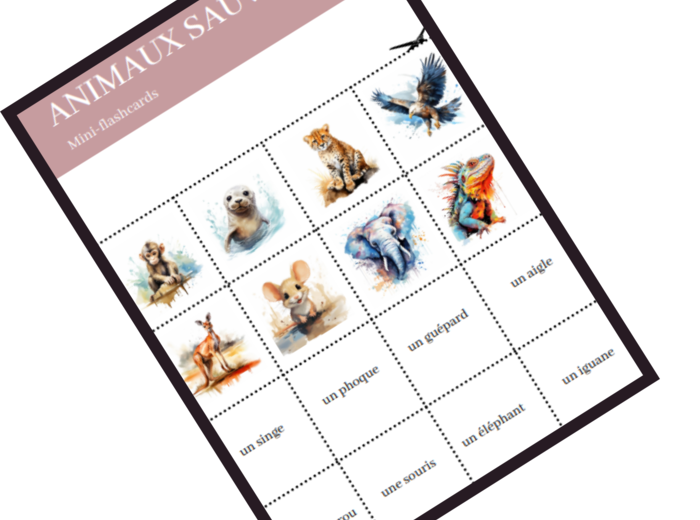 Les animaux sauvages, Dzikie zwierzęta, język francuski, karty obrazkowe i wyrazowe FLE