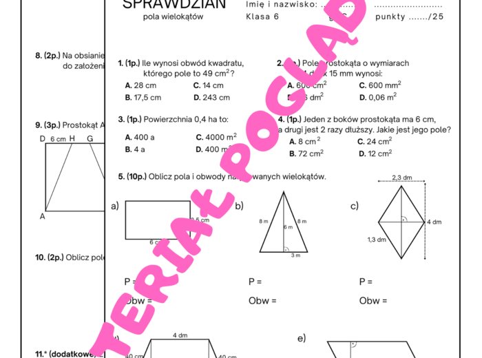Sprawdzian/karta pracy - pola wielokątów. Klasa 5. Klasa 6. Klasa 7