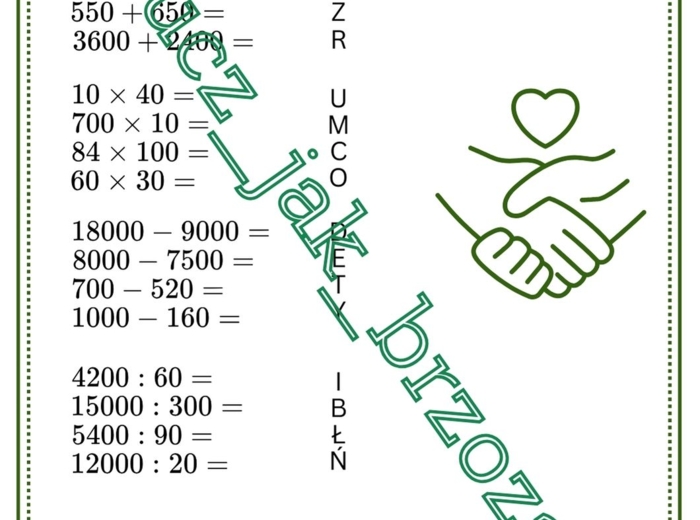 Rachunki pamięciowe na dużych liczbach, karta pracy z hasłem, klasa 4, Dzień Tolerancji