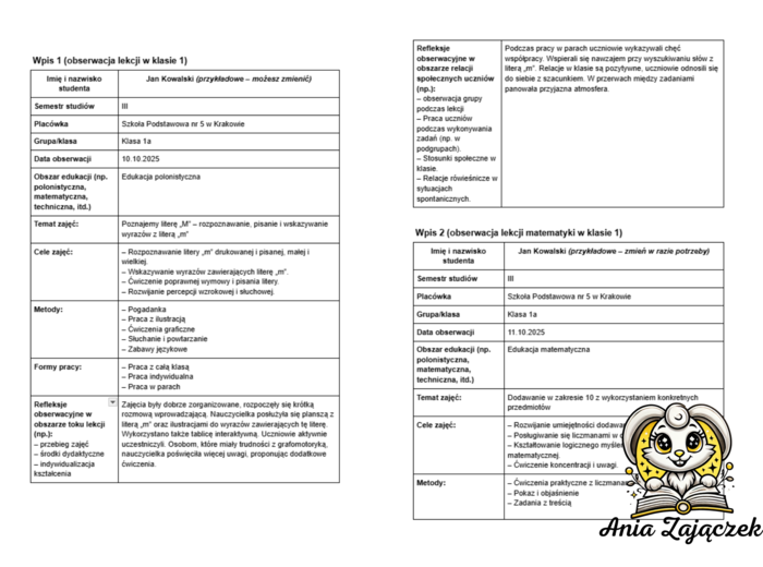 Dziennik Praktyk obserwacyjnych w klasach 1-3 30 h