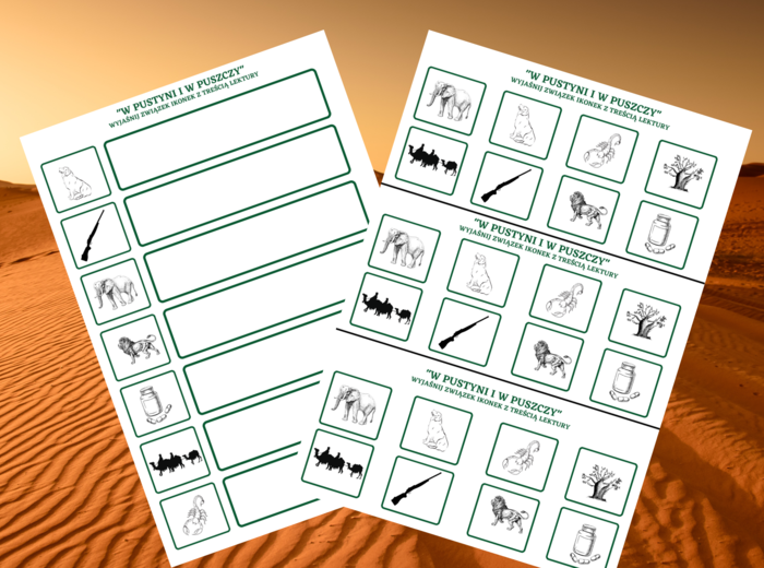 "W PUSTYNI I W PUSZCZY" – ikonki – wklejki – karta pracy – lektury 4-6