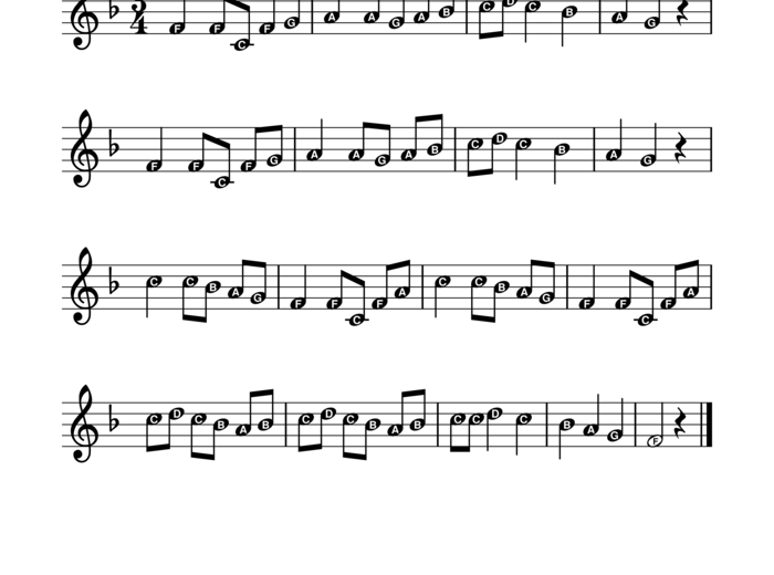 Kolęda Dzisiaj w Betlejem. Duże nuty z literowymi nazwami dźwięków.