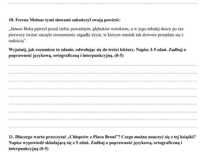Chłopcy z Placu Broni - sprawdzian podsumowujący