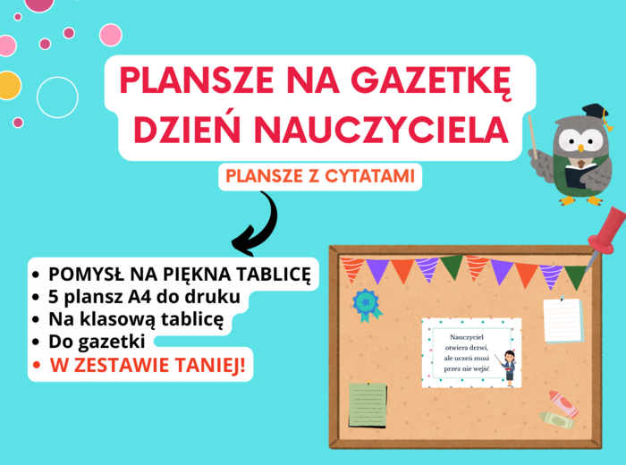 💬 Plansze z cytatami na gazetkę szkolną z okazji Dnia Nauczyciela (5 plansz A4), szkoła podstawowa, świetlica, godzina wychowawcza